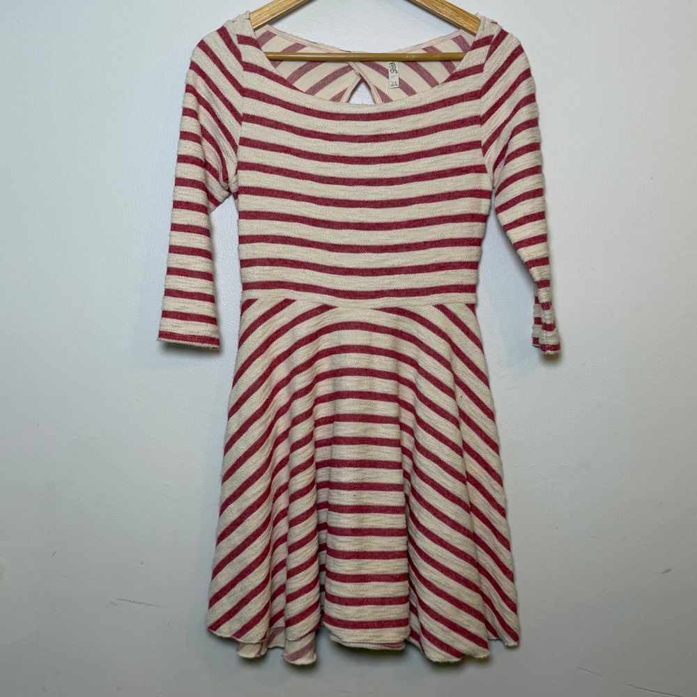 NWT Free People Striped Open Back Skater Dress S Red Cream Cutout Knit Mini Boho